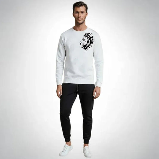 LION Printed White Tracksuit Sweatshirt & Trouser | Warm & Comfortable Winter Wear | Large