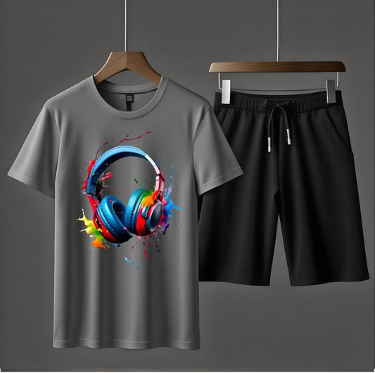 2 Pcs Men's Jersey Printed T-Shirt & Shorts Tracksuit